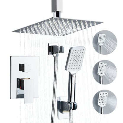 8 Inch Ceiling Mount Shower Faucet Set, Polish Chrome Rainfall Shower System, Square Rain Shower Head with Handheld Spray Combo Ceiling, Silver Rainfall Shower Faucet Fixtures (3-Setting) - color: Polish Chrome, style: 8 Inch-3 Setting