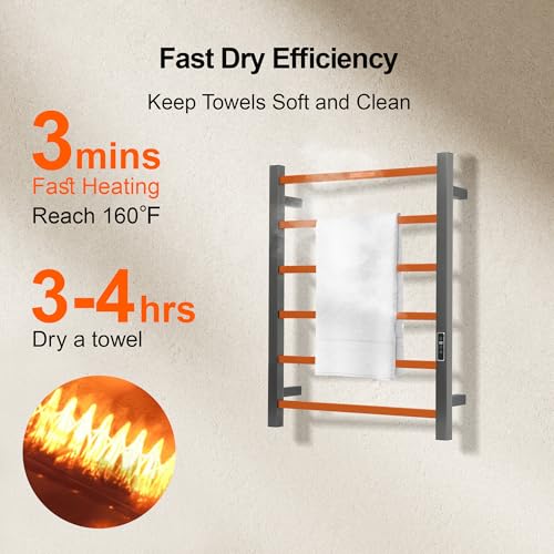 Electric Heated Towel Warmer - Wall Mounted Bathroom Towel Rack, Plug-in Design & Brushed Stainless Steel 6 Bar Gunmetal with Timer & Temperature Control - color: Square Gunmetal With Timer, size: 6 Bar