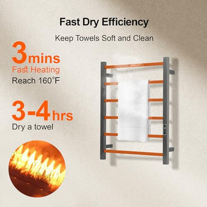 Electric Heated Towel Warmer - Wall Mounted Bathroom Towel Rack, Plug-in Design & Brushed Stainless Steel 6 Bar Gunmetal with Timer & Temperature Control - color: Square Gunmetal With Timer, size: 6 Bar