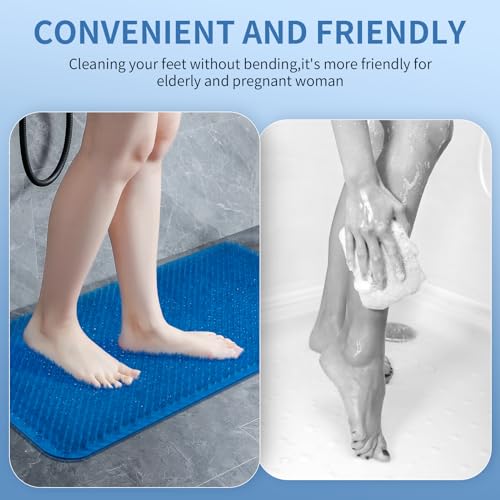 Yolife Shower Foot Scrubber Mat, Anti-Slip Bath Mat with Scrub Bristles, Soft Shower Foot Massager with Strong Suction Cups for Soothe Achy Feet, 25.6" x 13.4" - color: Dark Blue, size: 25.6" x 13.4" (Rectangular)