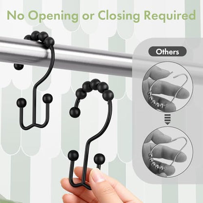 Shower Curtain Rings, Rust-Resistant Metal Double Shower Hooks for Curtain Rolling Shower Curtain Hooks Rings Shower Rings for Bathroom Shower Curtain Rod, Matte Black, Set of 12 Rings - color: Black, style: Modern - Double Hooks