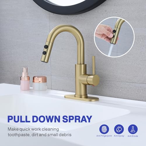 Bathroom Faucet with Sprayer, Brushed Gold Single Hole with Pop-Up Drain | Kablle Single Handle Pull Out 1 or 3 Hole Laundry Bar Basin Faucet with Deck Plate, KBL-7002BG-CL - color: Brushed Gold