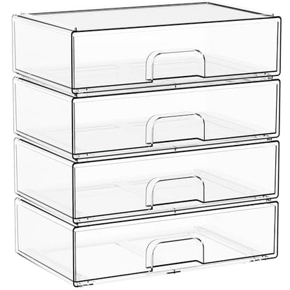 12.2''W Clear Stackable Storage Drawers,4 Pack Acrylic Drawers,Bathroom Organizer Bin and Plastic Makeup Organizer,Clear Stacking Brightroom Storage Boxes for Vanity,Cabinet,Pantry Organization - style: 4 PACK 12.2'' Width