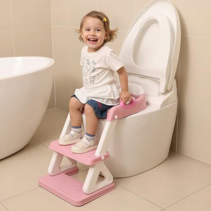 Potty Training Toilet Seat with Step Stool Ladder for Boys and Girls, 2 in 1 Potty Training Toilet, Splash Guard Anti-Slip Pad Step Stool （Pink) Pedal Upgrade. - color: Pink