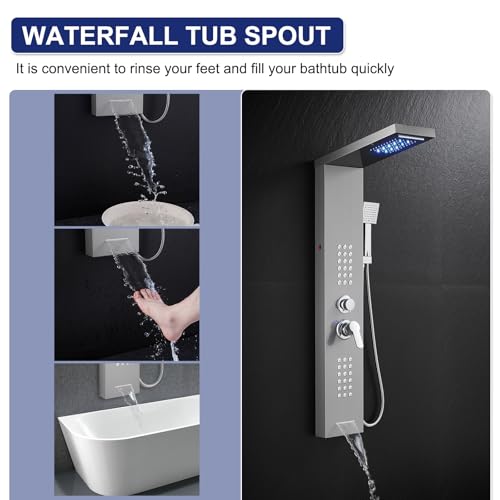ROVATE 5 in 1 LED Rainfall Waterfall Shower Panel Tower System, Brushed | High Pressure Stainless Steel Shower Column with Tub Spout, Powerful Body Jets, Flexible Handheld, Brass Mixing Valve Body - style: 5 Modes-Brushed-2 Jets