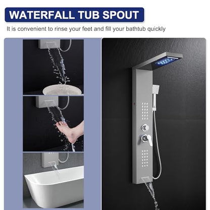 ROVATE 5 in 1 LED Rainfall Waterfall Shower Panel Tower System, Brushed | High Pressure Stainless Steel Shower Column with Tub Spout, Powerful Body Jets, Flexible Handheld, Brass Mixing Valve Body - style: 5 Modes-Brushed-2 Jets