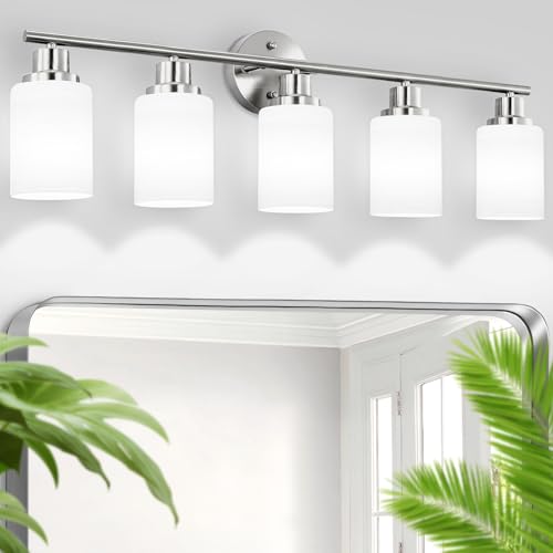 5-Light Brushed Nickel Vanity Lights, Bathroom Light Fixtures with Textured Milky White Glass Shade, Modern Bathroom Lighting Fixtures Over Mirror Wall Sconce Light - E26 Base - color: Nickel, size: 31.4 Inch : 5-Light