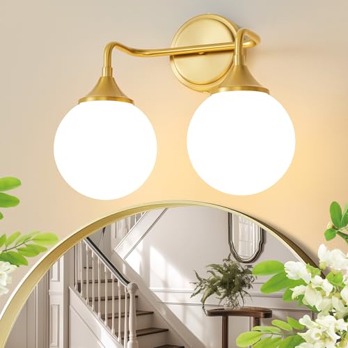 Brushed Gold Bathroom Light Fixtures Over Mirror Vanity 2-Light | Mid Century Modern Brushed Gold Wall Sconce with Milky White Glass Ball Shades for for Bathroom Dressing Table Bedroom - color: Gold, size: 2-light