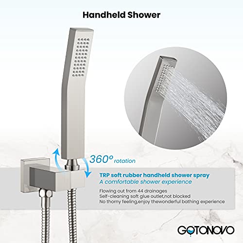 gotonovo Tub Shower Faucet Set with Valve Kit 12’’ Head,Brushed Nickel | Shower System with Tub Spout,SUS304 Rain Head with Handheld Sprayer,Swivel Spout,All Metal,Rough-In Valve Trim Kit,Wall Mount - color: Nickel, size: 12’’ Head