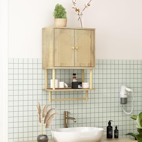 RUSTOWN Rattan Bathroom Wall Cabinet, Modern Boho Medicine Cabinets, Small | 2 Arched Rattan Doors, Adjustable Shelf, Towel Bar Rack, Over The Toilet Storage Cabinet for Bathroom, Living Room, Kitchen - size: Small