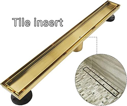 Neodrain 32" Gold Linear Shower Drain,2-in-1 Flat& Tile Insert Cover | 304 Stainless Steel,Fast Drainage, Durable,Rectangle Shower Floor Drain with Adjustable Feet,Hair Strainer,Fits Bathrooms - color: Golden, size: 32 In