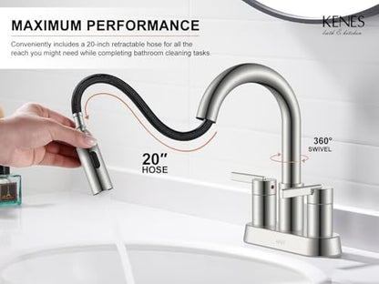 Brushed Nickel Pull Down Bathroom Faucet, 4 Inch 2 Handle Centerset | Pull Out Bathroom Faucet with Pop Up Drain & Supply Lines, Lead-Free cUPC & NSF Certified, 3 Hole Faucet for Vanity RV Bar - color: Brushed Nickel