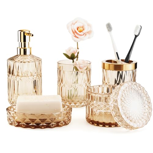 Bathroom Accessory Set 5 Pcs, Glass Bathroom Set Include Soap Dish, Toothbrush Holder, Mousewash Cup, Soap Dispenser, Cotton Swab Jar, Amber - color: Amber, style: 5 Pack