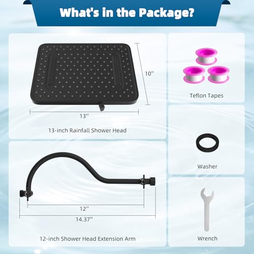 Hibbent 13'' Rain Shower Head with 12'' Shower Extension Arm, Matte Black | High Pressure 5 Modes Rainfall Shower Head with Solid Brass Adjustable Shower Arm Extender, Waterfall fixed Square Showerhead - color: Matte Black