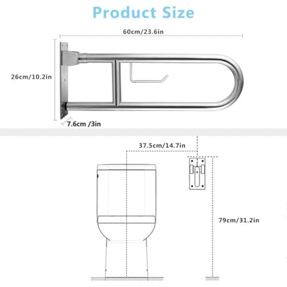 Toilet Grab Bar Stainless Steel Handicap Rails Grab Bars Bathroom Support for Elderly Disabled Safety Hand Railing Guard Frame Shower Assist Aid Handrails Hand Grips (23.6 Inches with Paper Holder) - size: 23.6 Inches with Paper Holder