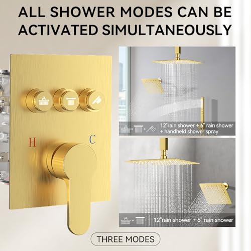 Brushed Gold Shower System, STARBATH Ceiling Mounted 12+6 Inch Rainfall Shower Head with 2 in 1 High Pressure Handhled, Can Use All at Once, Push Button Diverter Thermostatic Valve with Trim Kit - color: Brushed Gold, size: 6+12 inch-06
