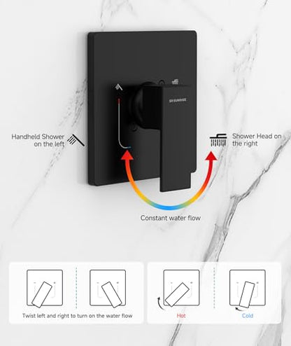 SR SUN RISE Shower System 10 Inch Rainfall Brass Valve Trim Kit Black | Wall-Mounted Rainfall Shower Set with Valve, Pressure Balance for Stable Temp, 304 Steel, Lead-Free Waterway, Leak-Resistant - color: Matte Black, size: 10 Inch