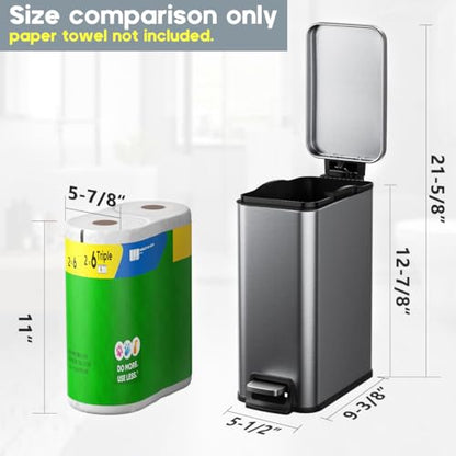 Slim Bathroom Trash Can with Lid Soft Close, 1.6 Gallon Stainless Steel Garbage Can with Removable Inner Bucket, Durable Step Pedal, Small Trash Bins for Toilet, Bedroom, Kitchen, Office - color: Silver, size: 1.6 Gallon