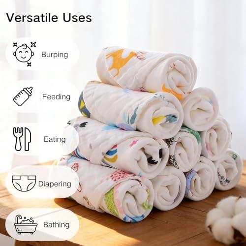 MALOMME Muslin Baby Washcloth 8 Pack - Soft & Absorbent Washcloth 6 Layer Natural Cotton Wash Cloths for Newborn Infant Toddler 10”x10” Large Gentle Face Towel for Sensitive Skin - Multi Pattens
