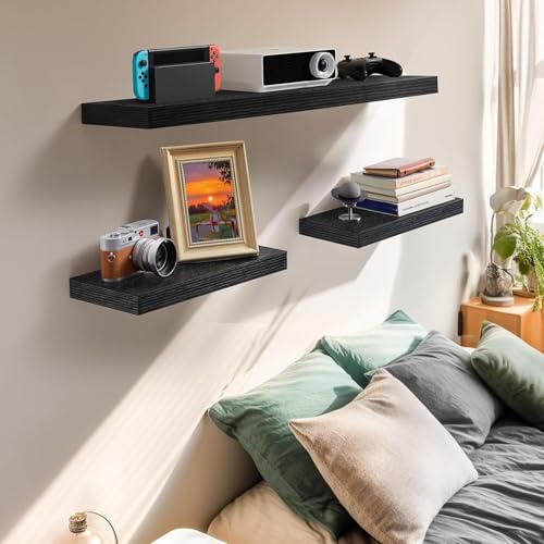 AMADA HOMEFURNISHING Floating Shelves Wall Mounted, 15 x 7 Inch Wall Shelves for Bathroom, Bedroom, Living Room, Black Shelves Set of 2 - color: Black, size: 15 inches