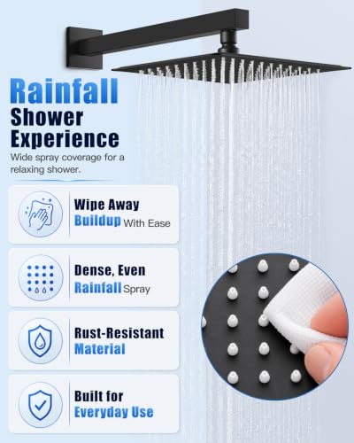 Heyalan 10 Inch Square Rain Shower Faucet Set with Valve, Matte Black | Female-thread 1/2-inch NPT connections, SUS304 shower head, brass rough-in valve, single-handle control Shower Set - color: Black, size: 10 Inch Square Shower Head