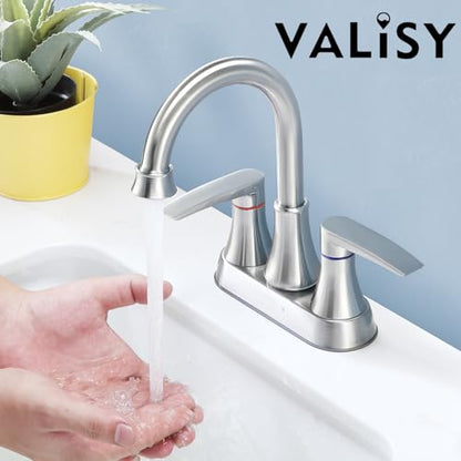 Brushed Nickel Bathroom Faucet, 2-Handle Lead-Free 360° Swivel High-Arc Spout 4 Inch Centerset Bath Lavatory Vanity Sink Faucets Set for Sinks with Drain & Water Hoses, VABM80008L - color: Brushed Nickel