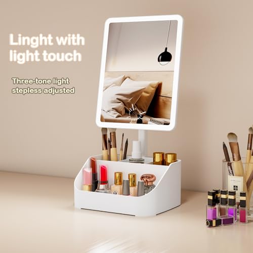 Rechargeable Makeup Mirror Organizer with LED Lights & 20X Magnification, Large Capacity Cosmetic Display Case for Skincare & Makeup Brushes, Countertop Vanity Organizer for Bedroom, Bathroom (Cream)