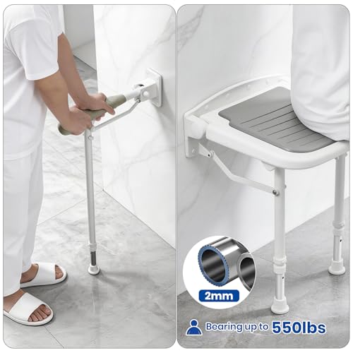 Folding Shower Seat with Adjustable PU Grab Bar, 550lbs Heavy Duty Fold Down Bath Bench with Legs, Non-Slip Comfort Grip and Removable Cushion, Wall Mounted Chairs for Seniors - size: Shower Seat+Grab Bar+Legs