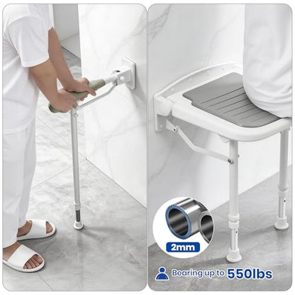 Folding Shower Seat with Adjustable PU Grab Bar, 550lbs Heavy Duty Fold Down Bath Bench with Legs, Non-Slip Comfort Grip and Removable Cushion, Wall Mounted Chairs for Seniors - size: Shower Seat+Grab Bar+Legs