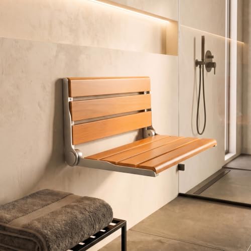 18" Wall Mount Shower Seat, Fold Down Bench for Inside Shower | Natural wood seat provides sturdy support for showering, home care and versatile living spaces - color: Yellow