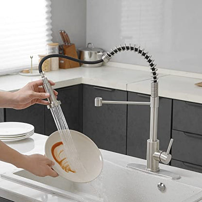 VOTON Kitchen Faucets with Pull Out Sprayer Commercial Spring Sink Faucet Stainless Steel Brushed Nickel Pull Down Single Handle Farmhouse faucets with Deck Plate for Camper Laundry Utility Rv Wet Bar - color: Brushed Nickel