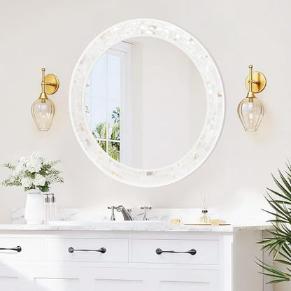 24 Inch Round Mirrors with Mosaic Frame for Wall | Natural Mother of Pearl Inlay, Coastal White Framed Circle Mirror with Tempered Glass for Bathroom, Bedroom or Entryway - size: 24"L x 24"W
