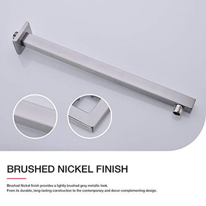 Square Shower Arm with Flange Heavy Duty Stainless Steel Rainfall Shower Head Extension Pipe, Bathroom Wall Mounted 16 Inch Extender Arm, Brushed Nickel - color: Brushed Nickel