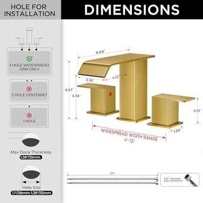 FORIOUS Bathroom Sink Faucets 3 Hole 2 Pack 8 Inch Widespread Brushed Gold | 3-hole 4-12 Inch Widespread Sink, Square Waterfall Spout, with Drain and Hoses,for Vanity Rv Commercial Lavatory Restroom - color: Brushed Gold x2PCS