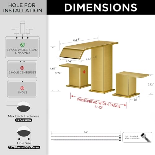 FORIOUS Brushed Gold Bathroom Sink Faucets 3 Hole Widespread Vanity Faucet | 3-hole 4-12 Inch Widespread Sink, Square Waterfall Spout, with Drain and Hoses,for Vanity Rv Commercial Lavatory Restroom - color: Brushed Gold