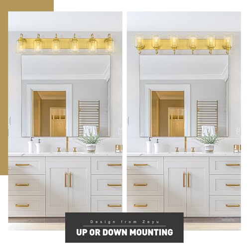 zeyu Brushed Gold 44-Inch 6-Light Vanity Lights for Bathroom, ZSL72B-6W BG | Brushed Gold Bathroom Lighting, Hardware Included, Up/Down Mount, Clear Glass, Hardwired, 6 E26 Bulbs Up To 60W Each - color: Gold, size: 6-Light
