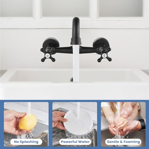 Airuida 8 Inch Center Matte Black Wall Mount Kitchen Sink Faucet | Double Cross Handle,Adjustable Center,6 Inch(15cm) Spout - color: Matte Black