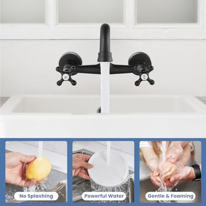 Airuida 8 Inch Center Matte Black Wall Mount Kitchen Sink Faucet | Double Cross Handle,Adjustable Center,6 Inch(15cm) Spout - color: Matte Black