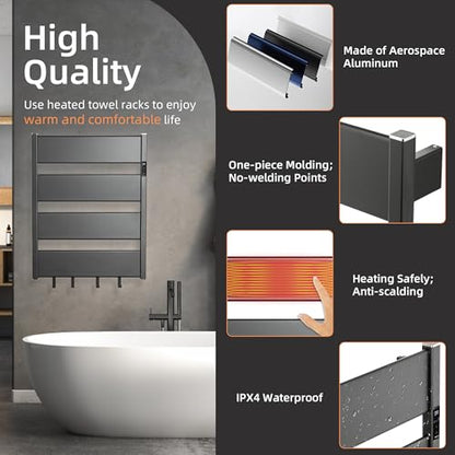 K&KALONZO Electric Heated Towel Rack, 2-Min Heat, Plug-in/Hardwired, H4-B | Wall Mounted, 10 Timers & 3 Heat Levels, 2H Rapid Dry, Anti-Scald, Aerospace Aluminum Towel Warmer for Bathroom, 4 Hooks, - color: Black, size: 4-Bar