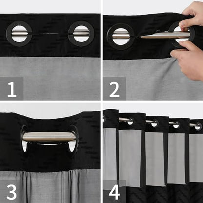 eachope No Hook Tufted Chevron Striped Shower Curtain with Snap-in Fabric Liner set-71Wx74H(72H),Black Hotel Grade Boho Style Shower Curtain with See Through Top Window,Water Repellent - color: Black, size: 71"W x 74"L (Pack of 1)