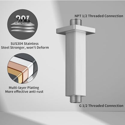 Brushed Nickel Shower Arm with Flange, 4 inch, Short | Universal Replacement Part for Ceiling-Mounted Square Straight Shower Head Extension Arm Pipe, Stainless Steel - color: Brushed Nickel