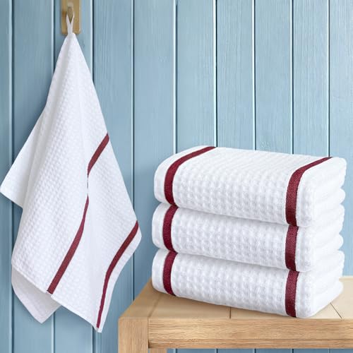 VOOVA & MOVAS White Dish Towels for Kitchen Set of 4, 16"x26" - 100% Cotton | Soft | Absorb | Daily Use, Waffle Weave Kitchen Hand Towels, White Check with Red Stripe - color: White + Red, size: 4PC Hand Towels