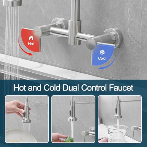 AIMADI Wall Mount Kitchen Faucets, 8-Inch Center | Wall Mount Kitchen Sink Faucet with Pull-Down Sprayer,Modern Stainless Steel Design Double Lever Control - color: Brushed Nickel