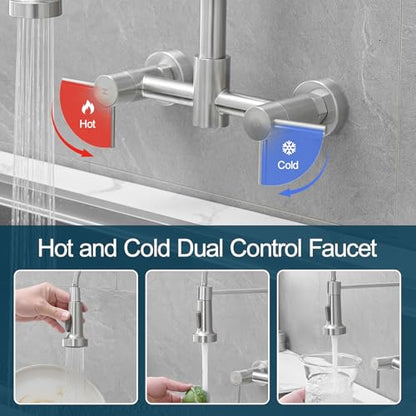 AIMADI Wall Mount Kitchen Faucets, 8-Inch Center | Wall Mount Kitchen Sink Faucet with Pull-Down Sprayer,Modern Stainless Steel Design Double Lever Control - color: Brushed Nickel