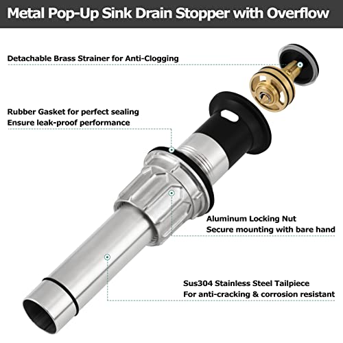 All Metal Bathroom Sink Drain with Overflow, Stainless Steel Pop Up Drain for Lavatory Vanity Vessel Sink, Oil Rubbed Bronze, 2108503 - color: Oil Rubbed Bronze, style: With Overflow