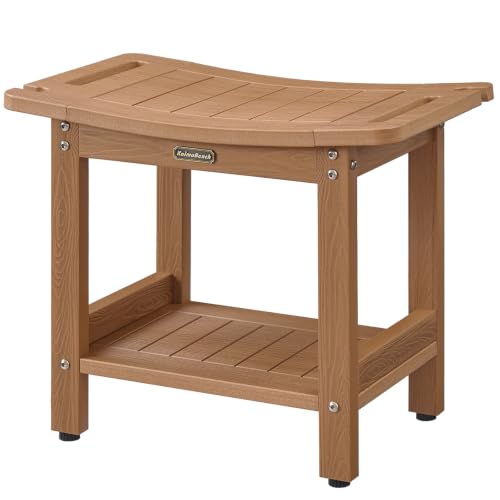Shower Bench Seat for Shaving Legs HDPS Bath Chair Stool for Inside Shower | Heavy Duty Bathroom Chair Seat with Storage Shelf & Adjustable Feet, Anti-Rotting, Space-Save, No-Maintenance - color: Teak