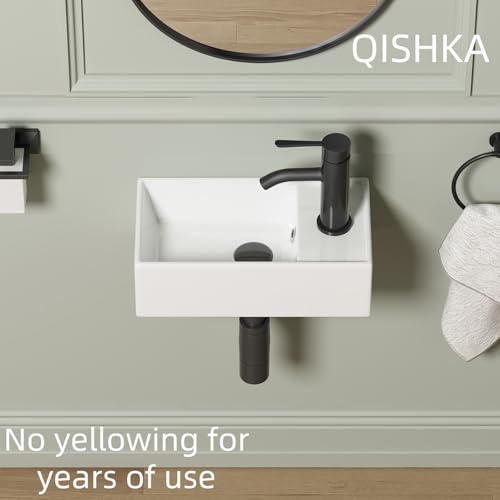 Small Wall Mount Bathroom Vessel Sink, 15.6" X 8.6" Rectangular Floating Ceramic Wash Hand Basin - White Wall Hung Vanity Sink with Overflow for Small Bathroom (Right Hand) - size: 15.6" x 8.6" x 5.1"