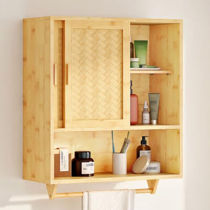 HOOBRO Bathroom Cabinet Wall Mounted, Bamboo Over Toilet Cabinet, Medicine Cabinet with Towels Bar & Adjustable Shelves, 23.6 x 7.9 x 28.5 Inches, for Bathroom, Laundry, Kitchen, Natural YL63CW01
