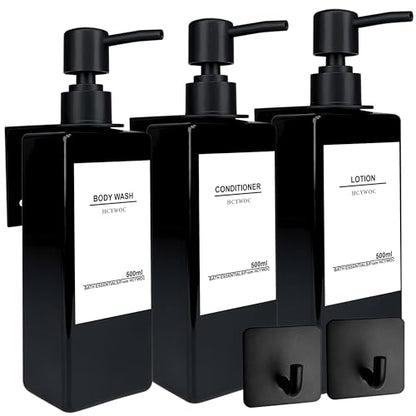 Shampoo Dispenser for Shower Wall, Shampoo and Conditioner Dispenser with 16 Waterproof Labels, No Drill Shower Soap Dispenser Bathroom, Shower Soap Dispenser Wall Mounted 3 Chamber, 17oz,Black | Shampoo Dispenser for Shower Wall, Shower Soap Dispenser Wa