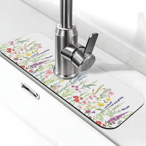 Wildflowers Floral Flower Kitchen Sink Splash Guard Faucet Mat Super Absorbent Fast Drying Mat Sink Gadgets-Fast Drying Pad Sink Mat For Kitchen Bathroom (15" X 5.5" ) - color: Wildflowers